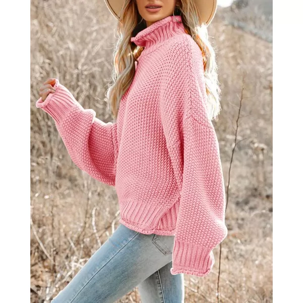 imageSaodimallsu Womens Turtleneck Oversized Sweaters Batwing Long Sleeve Pullover Loose Chunky Knit JumperPink