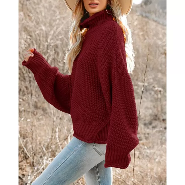 imageSaodimallsu Womens Turtleneck Oversized Sweaters Batwing Long Sleeve Pullover Loose Chunky Knit JumperWine Red