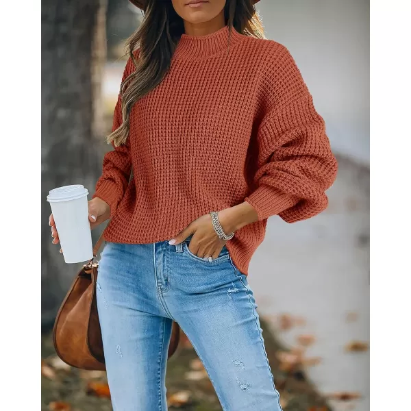 imageSaodimallsu Womens Turtleneck Oversized Sweaters Batwing Long Sleeve Pullover Loose Chunky Knit JumperZ Waffle Brick Red