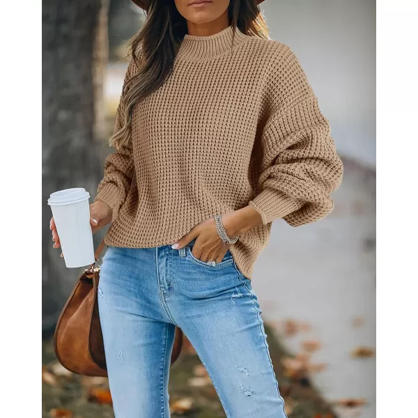 imageSaodimallsu Womens Turtleneck Oversized Sweaters Batwing Long Sleeve Pullover Loose Chunky Knit JumperZ Waffle Khaki