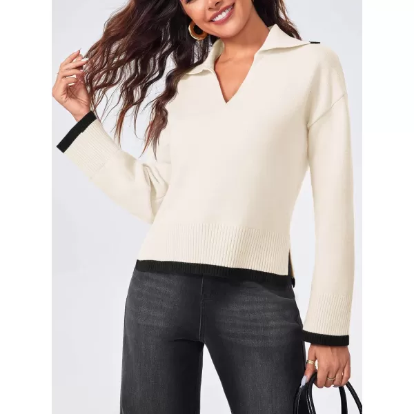 imageSaodimallsu Womens V Neck Cropped Sweater Collared Colorblock Long Sleeve 2024 Trendy Loose Knit Pullover TopsBeige White