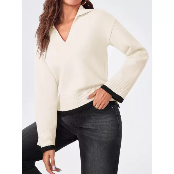 imageSaodimallsu Womens V Neck Cropped Sweater Collared Colorblock Long Sleeve 2024 Trendy Loose Knit Pullover TopsBeige White