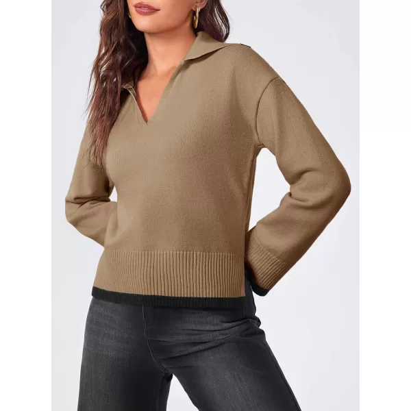 imageSaodimallsu Womens V Neck Cropped Sweater Collared Colorblock Long Sleeve 2024 Trendy Loose Knit Pullover TopsCamel