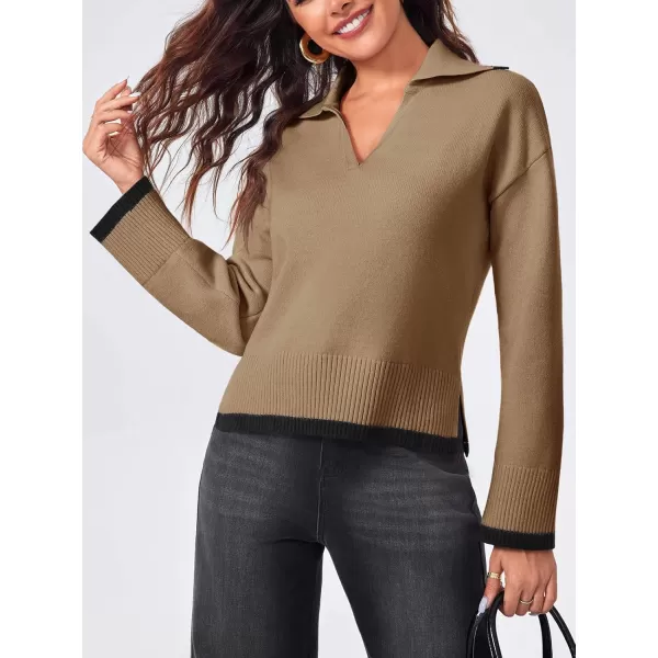 imageSaodimallsu Womens V Neck Cropped Sweater Collared Colorblock Long Sleeve 2024 Trendy Loose Knit Pullover TopsCamel