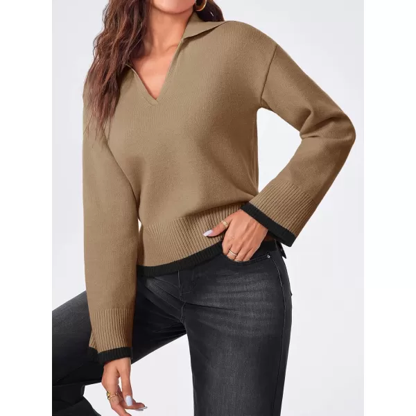 imageSaodimallsu Womens V Neck Cropped Sweater Collared Colorblock Long Sleeve 2024 Trendy Loose Knit Pullover TopsCamel