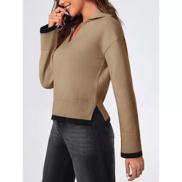 imageSaodimallsu Womens V Neck Cropped Sweater Collared Colorblock Long Sleeve 2024 Trendy Loose Knit Pullover TopsCamel