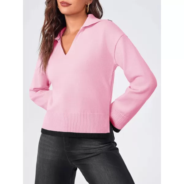 imageSaodimallsu Womens V Neck Cropped Sweater Collared Colorblock Long Sleeve 2024 Trendy Loose Knit Pullover TopsPink