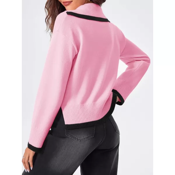 imageSaodimallsu Womens V Neck Cropped Sweater Collared Colorblock Long Sleeve 2024 Trendy Loose Knit Pullover TopsPink