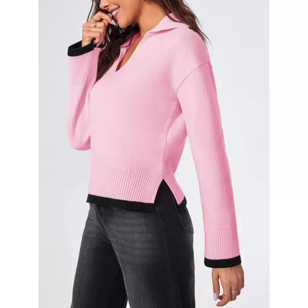 imageSaodimallsu Womens V Neck Cropped Sweater Collared Colorblock Long Sleeve 2024 Trendy Loose Knit Pullover TopsPink