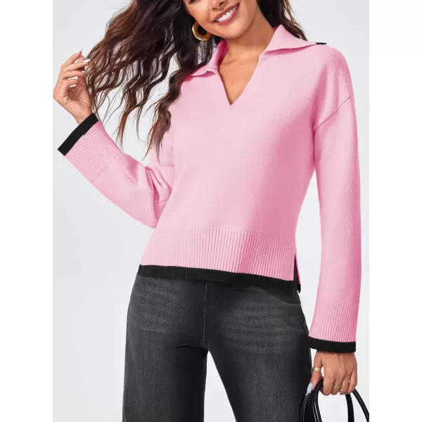 imageSaodimallsu Womens V Neck Cropped Sweater Collared Colorblock Long Sleeve 2024 Trendy Loose Knit Pullover TopsPink