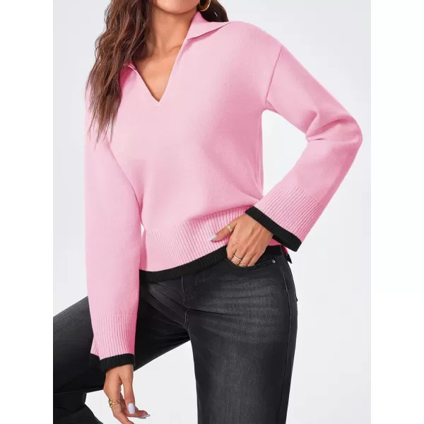 imageSaodimallsu Womens V Neck Cropped Sweater Collared Colorblock Long Sleeve 2024 Trendy Loose Knit Pullover TopsPink