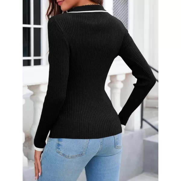 imageSaodimallsu Womens V Neck Sweater Collared Fitted Long Sleeve Ribbed Knit 2024 Trendy Pullover ShirtsBlack