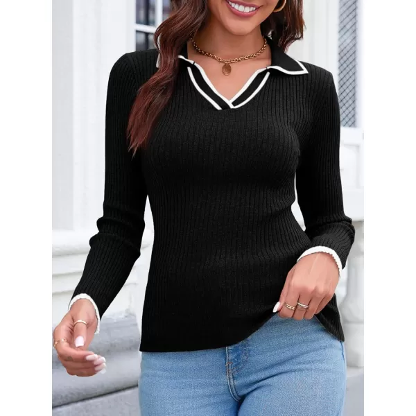 imageSaodimallsu Womens V Neck Sweater Collared Fitted Long Sleeve Ribbed Knit 2024 Trendy Pullover ShirtsBlack