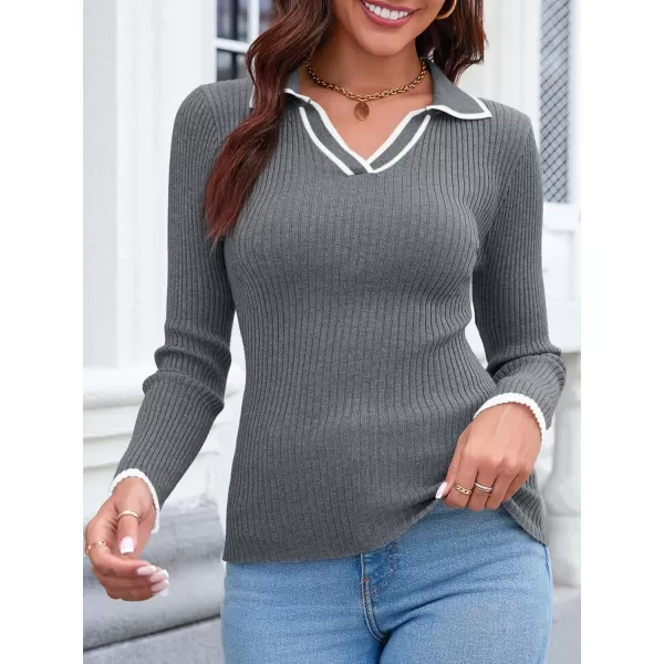 imageSaodimallsu Womens V Neck Sweater Collared Fitted Long Sleeve Ribbed Knit 2024 Trendy Pullover ShirtsGrey