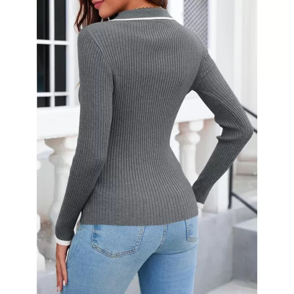 imageSaodimallsu Womens V Neck Sweater Collared Fitted Long Sleeve Ribbed Knit 2024 Trendy Pullover ShirtsGrey