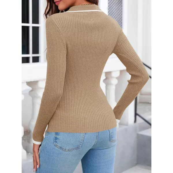 imageSaodimallsu Womens V Neck Sweater Collared Fitted Long Sleeve Ribbed Knit 2024 Trendy Pullover ShirtsKhaki