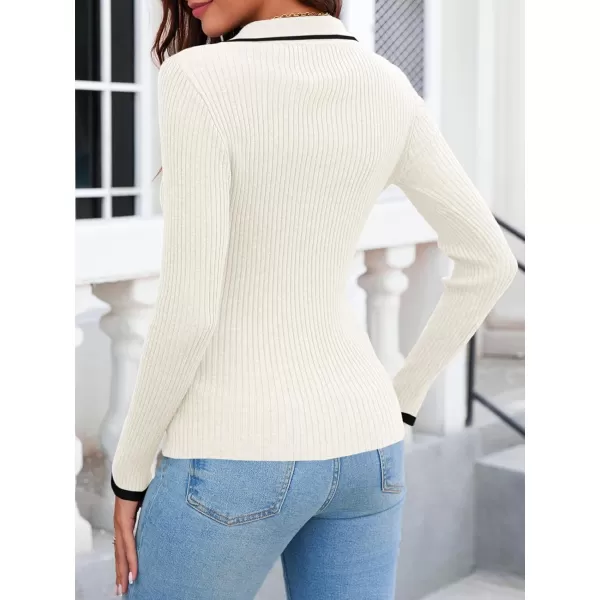 imageSaodimallsu Womens V Neck Sweater Collared Fitted Long Sleeve Ribbed Knit 2024 Trendy Pullover ShirtsWhite