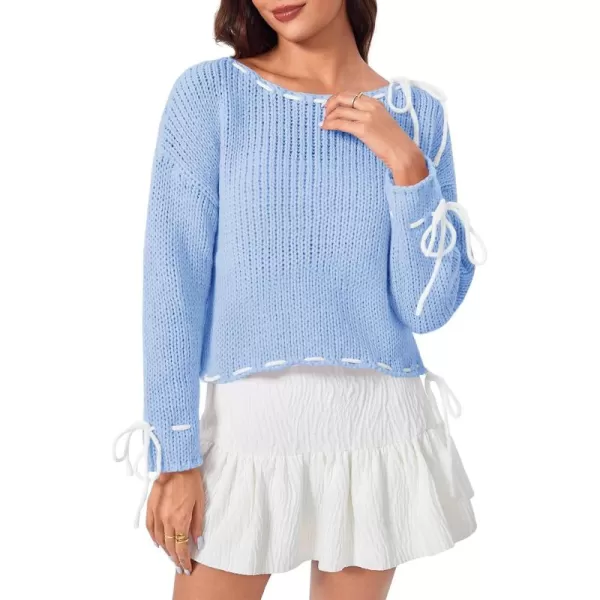 imageSaodimallsu Womens Bow Sweater Boat Neck Long Sleeve Y2k Cute Lace Up Loose Pullover TopsBlue