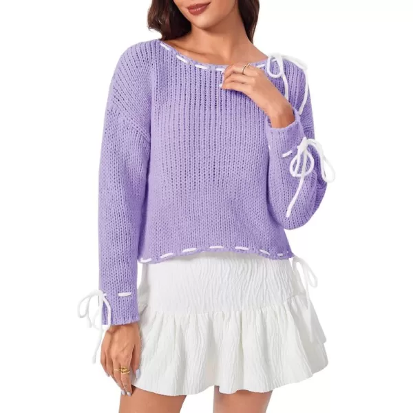 imageSaodimallsu Womens Bow Sweater Boat Neck Long Sleeve Y2k Cute Lace Up Loose Pullover TopsPurple