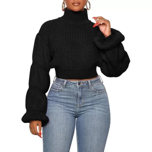 imageSaodimallsu Womens Cropped Turtleneck Sweater Balloon Sleeve Knit 2024 Fall Winter Jumper PulloverBlack