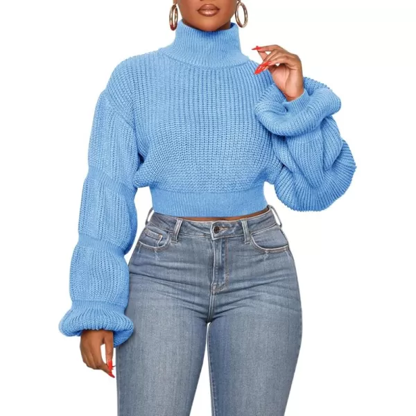 imageSaodimallsu Womens Cropped Turtleneck Sweater Balloon Sleeve Knit 2024 Fall Winter Jumper PulloverBlue