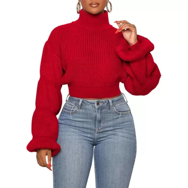 imageSaodimallsu Womens Cropped Turtleneck Sweater Balloon Sleeve Knit 2024 Fall Winter Jumper PulloverRed