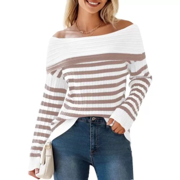 imageSaodimallsu Womens Off The Shoulder Sweater Striped Long Sleeve Boat Neck Ribbed Knit Preppy Loose Pullover TopsKhaki