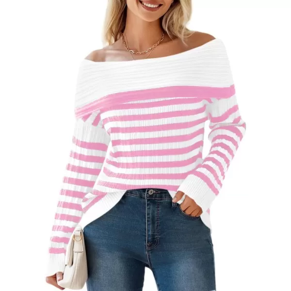 imageSaodimallsu Womens Off The Shoulder Sweater Striped Long Sleeve Boat Neck Ribbed Knit Preppy Loose Pullover TopsPink