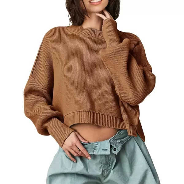 imageSaodimallsu Womens Oversized Cropped Sweaters Long Batwing Sleeve Crew Neck Pullover Ribbed Knit Jumper TopsBrown