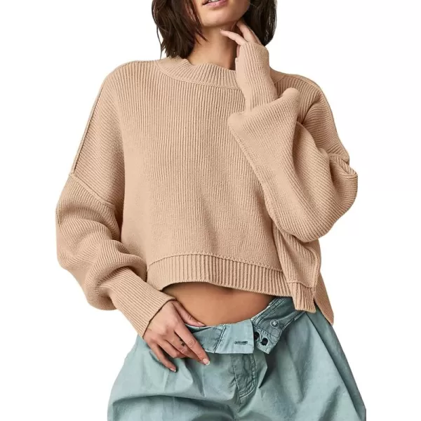 imageSaodimallsu Womens Oversized Cropped Sweaters Long Batwing Sleeve Crew Neck Pullover Ribbed Knit Jumper TopsKhaki