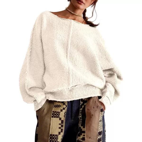 imageSaodimallsu Womens Oversized Pullover Sweater Long Lantern Sleeve Crew Neck Trendy Loose Knit Fall Casual Jumper TopsBeige