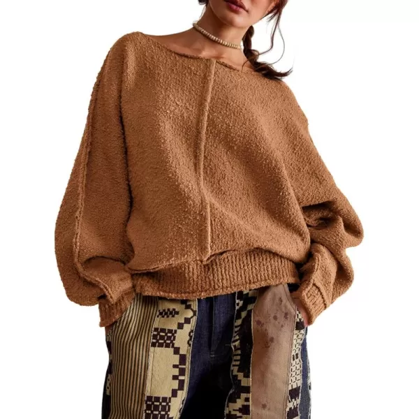 imageSaodimallsu Womens Oversized Pullover Sweater Long Lantern Sleeve Crew Neck Trendy Loose Knit Fall Casual Jumper TopsBrown