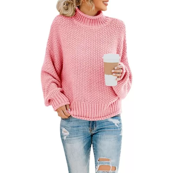 imageSaodimallsu Womens Turtleneck Oversized Sweaters Batwing Long Sleeve Pullover Loose Chunky Knit JumperPink