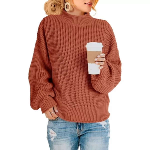 imageSaodimallsu Womens Turtleneck Oversized Sweaters Batwing Long Sleeve Pullover Loose Chunky Knit JumperZ Waffle Brick Red