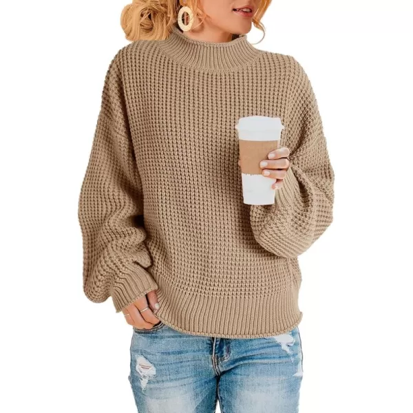 imageSaodimallsu Womens Turtleneck Oversized Sweaters Batwing Long Sleeve Pullover Loose Chunky Knit JumperZ Waffle Khaki