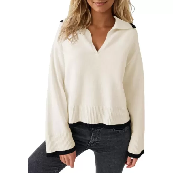 imageSaodimallsu Womens V Neck Cropped Sweater Collared Colorblock Long Sleeve 2024 Trendy Loose Knit Pullover TopsBeige White