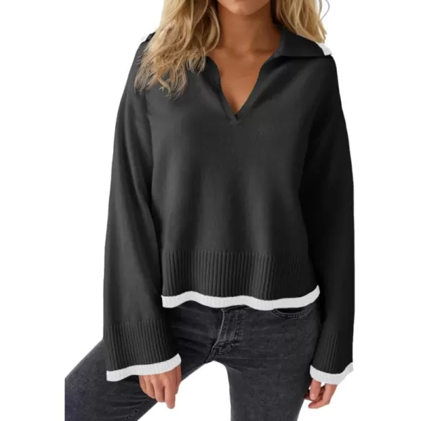 imageSaodimallsu Womens V Neck Cropped Sweater Collared Colorblock Long Sleeve 2024 Trendy Loose Knit Pullover TopsBlack