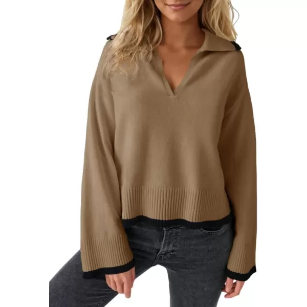 imageSaodimallsu Womens V Neck Cropped Sweater Collared Colorblock Long Sleeve 2024 Trendy Loose Knit Pullover TopsCamel