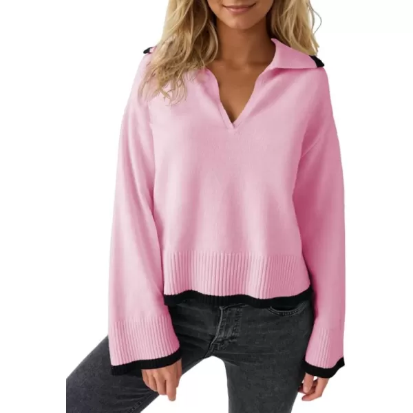 imageSaodimallsu Womens V Neck Cropped Sweater Collared Colorblock Long Sleeve 2024 Trendy Loose Knit Pullover TopsPink