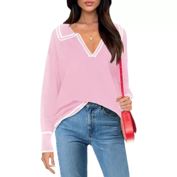 imageSaodimallsu Womens V Neck Pullover Sweaters Collared Fall Knit Trendy Loose Casual Long Sleeve Jumper TopsPink