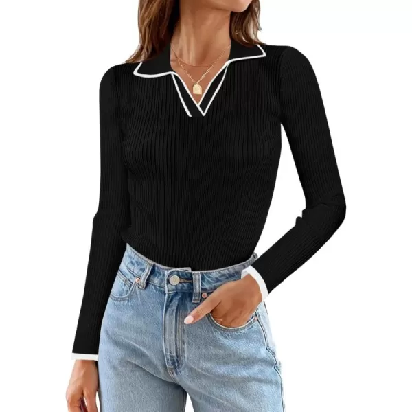 imageSaodimallsu Womens V Neck Sweater Collared Fitted Long Sleeve Ribbed Knit 2024 Trendy Pullover ShirtsBlack