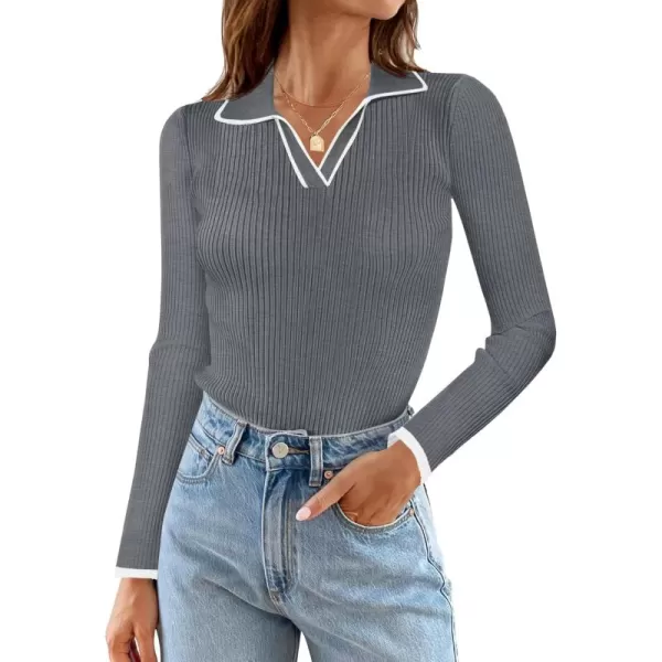 imageSaodimallsu Womens V Neck Sweater Collared Fitted Long Sleeve Ribbed Knit 2024 Trendy Pullover ShirtsGrey