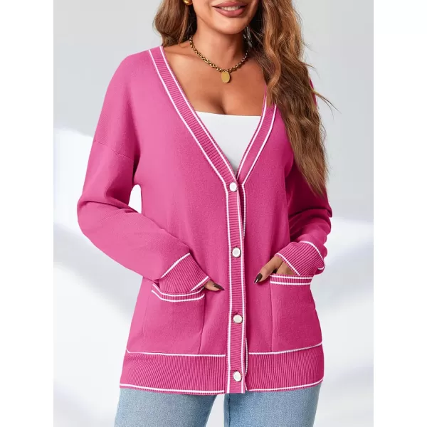 imageSaodimallsu Womens Button Down Cardigan Sweaters V Neck 2024 Fall Open Front Knit Long Sleeve CoatsHot Pink