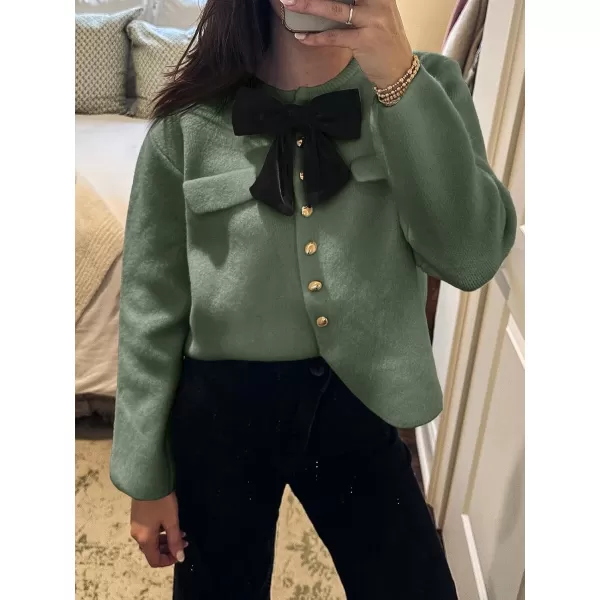 imageSaodimallsu Womens Button Down Cropped Cardigan Sweaters Cute Bow Long Sleeve Crew Neck Knit Sweater Jacket CoatArmy Green