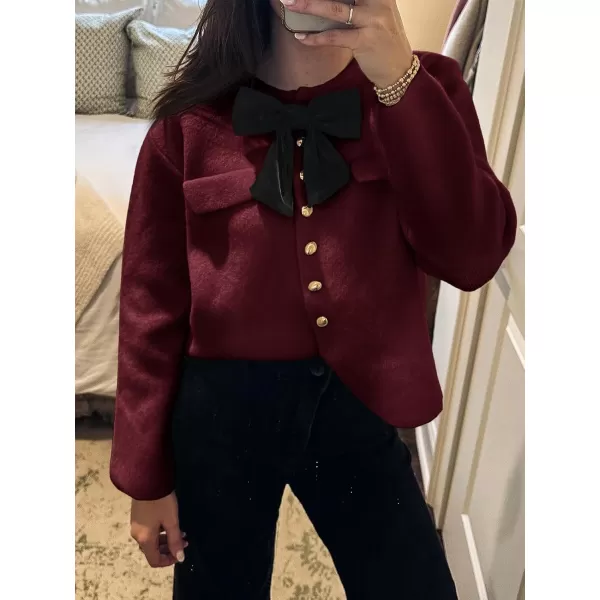 imageSaodimallsu Womens Button Down Cropped Cardigan Sweaters Cute Bow Long Sleeve Crew Neck Knit Sweater Jacket CoatBurgundy