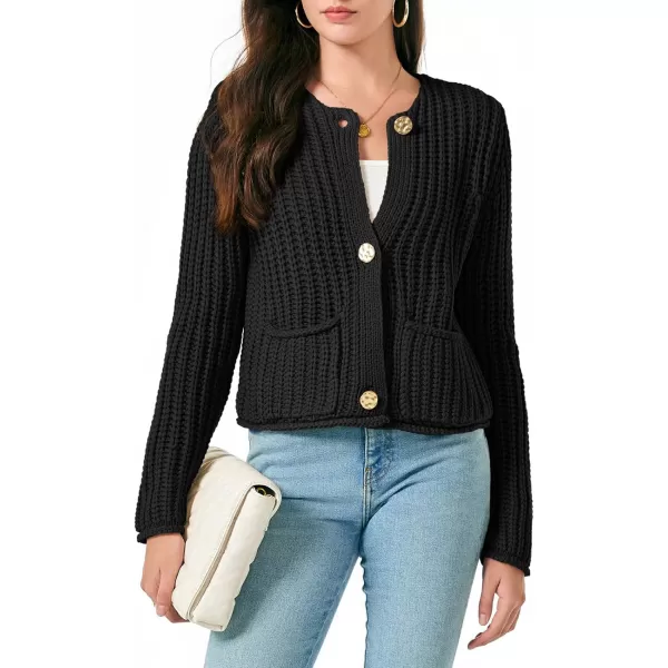 imageSaodimallsu Womens Button Up Sweaters Fall Chunky Knit Trendy Crewneck Open Front Loose Cardigan with PocketsBlack