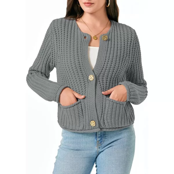 imageSaodimallsu Womens Button Up Sweaters Fall Chunky Knit Trendy Crewneck Open Front Loose Cardigan with PocketsGrey