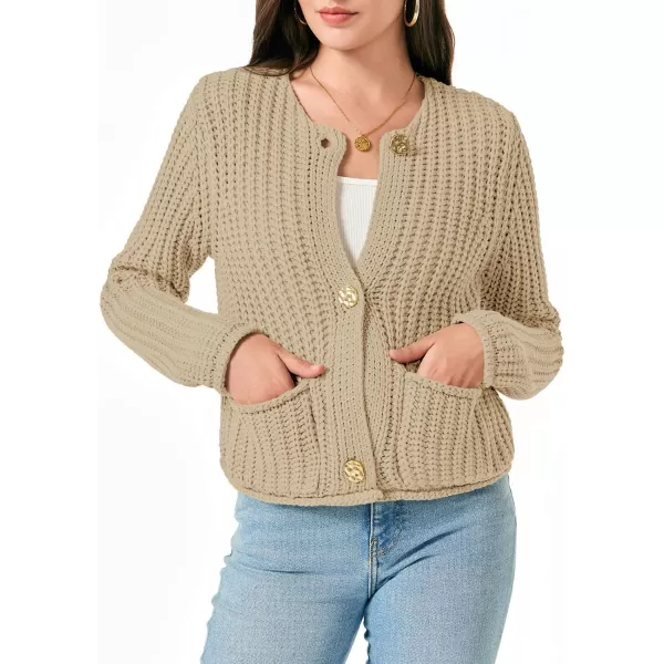 imageSaodimallsu Womens Button Up Sweaters Fall Chunky Knit Trendy Crewneck Open Front Loose Cardigan with PocketsKhaki