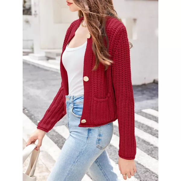 imageSaodimallsu Womens Button Up Sweaters Fall Chunky Knit Trendy Crewneck Open Front Loose Cardigan with PocketsRed