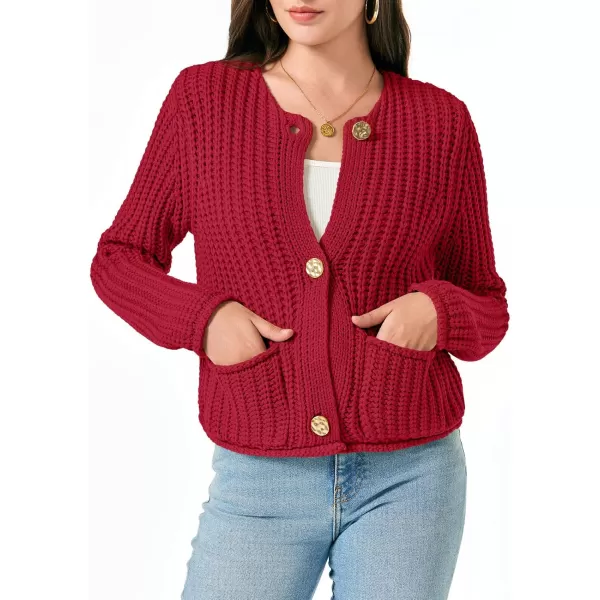 imageSaodimallsu Womens Button Up Sweaters Fall Chunky Knit Trendy Crewneck Open Front Loose Cardigan with PocketsRed